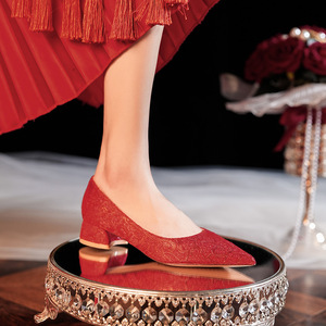 <b>Red</b> Satin Pointed Toe Kitten <b>Heel</b> Pumps Comfort Bridal Wedding Shoes Size 3333G - Product Image 1