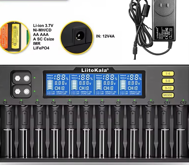 LiitoKala Lii-S12 12-Slot LCD Battery Charger for Li-ion LiFePO4 Ni-MH Ni-Cd 9V 21700 20700 26650 18650 16340 18350 RCR123 18700