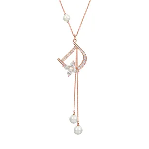 necklace-01116 xuping Long ladies elegant rose gold plated letter D pendant charm necklace with pearls and charms