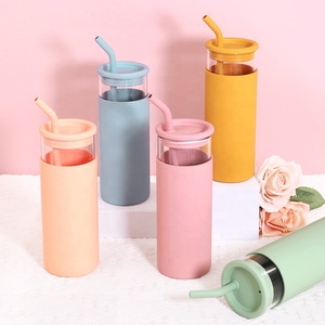 Wellfine BPA Free Wide Mouth Glass Water Bottle Travel Mug Cup <strong>with</strong> Silicone Protective Sleeve <strong>Drinking</strong> Cups <strong>with</strong> Lids and <strong>Straw</strong> - Product Image 1