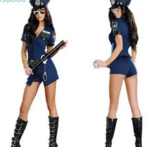 自有品牌性感蓝色拉链警服万圣节派对女警角色扮演服装