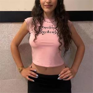 Summer <strong>Women's</strong> Retro Grunge Letter Embroidery Short Sleeve <strong>T</strong> <strong>Shirt</strong> Top Casual Fashion Streetwear in Knitted Fabric - Product Image 2