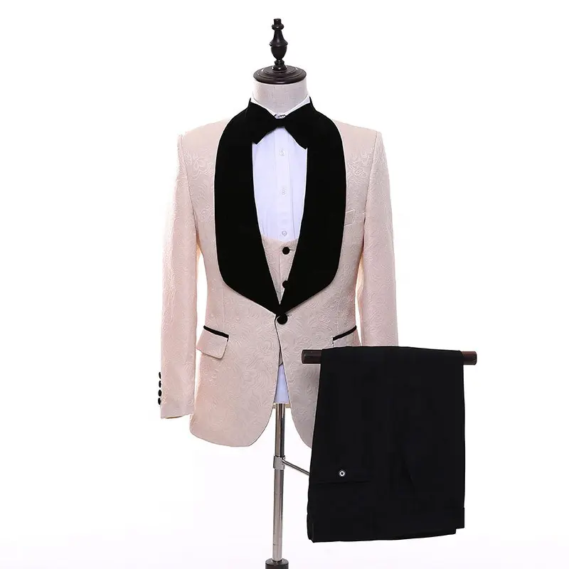 Occasions Suit 3 Pieces Blazer Vest Pants Printed Pink Men Suits with Black Collar