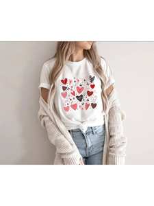 T-shirt da donna 11th Street per San Valentino, girocollo, manica corta, vestibilità ampia, in cotone, stampa geometrica a cuore, casual, primavera - Product Image 3