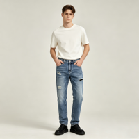 Jean droit déchiré pour homme, bleu délavé, effet usé, cinq poches, coupe affinée, décontracté, personnalisable OEM