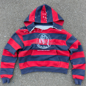 Felpe con cappuccio da <span class=keywords><strong>uomo</strong></span> personalizzate <span class=keywords><strong>a</strong></span> <span class=keywords><strong>righe</strong></span>, in cotone pesante, con grafica, effetto distressed, taglio cropped, vestibilità ampia e orlo grezzo - Product Image 1