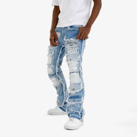 Jeans cargo homme YIJIA, coupe empilée, style streetwear, ambiance américaine, déstructuré, avec ourlets effilochés