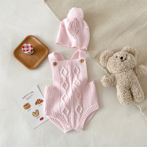 Çapraz sınır bebek örgü tulum ile kayış yelek bahar sonbahar pamuk şapka seti erkek kız katı desen Snap düğmesi kapatma - Product Image 6