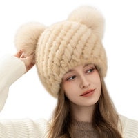 Damen Wollmischung Handbestickte Gestrickte Mütze mit Nerz- & Fuchsfell-Bommel für Reisen und als Geschenk