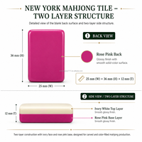 Juego de Mahjong Americano de Diseño con Motivos de Lugares Emblemáticos de Nueva York, Fichas de Color Marfil Cálido con Reverso Rosa Brillante, 160 Fichas de Lujo Grabadas