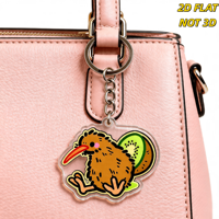 Gantungan Kunci Akrilik Burung Kiwi & Buah yang Lucu Desain Kartun Menggemaskan dengan Pipi Merah Muda, Paruh Oranye & Irisan Kiwi Hijau