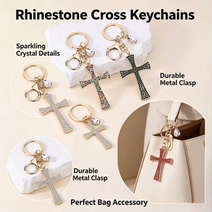 Rhinestone Cross Keychains With Sparkling Crystal Details And Durable Metal Clasp For Bag Accessory - Product Image 1
