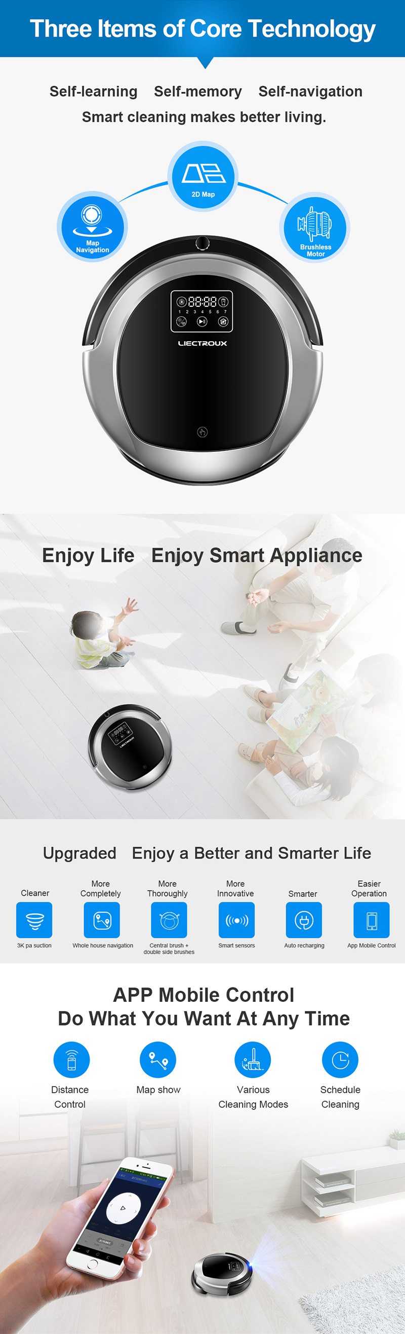 Liectroux — aspirateur à mémoire intelligente B6009, appareil à double lumière UV, navigation par cartes, wifi, contrôle par application