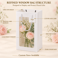 Sacs en papier personnalisés pour fleurs avec fenêtre transparente et poignées en corde pour bouquets de mariage, Fête des Mères, emballage cadeau pour fleuristes