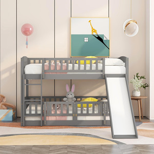 Lit superposé gris double avec glissière, barrière de sécurité et échelle robuste pour la chambre des enfants et des adolescents - Product Image 3