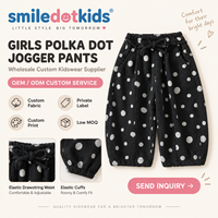 Smiledotkids Pantalon de jogging personnalisé pour enfants, noir à pois, taille à cordon, en molleton doux, OEM ODM, vente en gros pour tout-petits