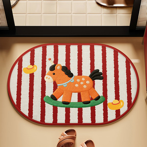 Tapis de salle de bain ovale, design cheval de dessin animé, imitation lin, absorbant, antidérapant pour salle de bain - Product Image 2