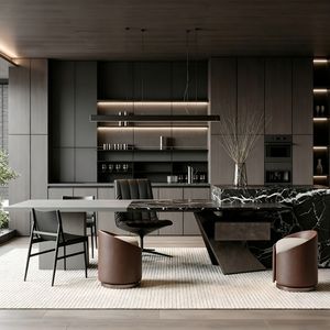 Gabinetes <span class=keywords><strong>de</strong></span> Cocina Italianos <span class=keywords><strong>de</strong></span> Lujo en Madera Oscura con <span class=keywords><strong>Isla</strong></span> <span class=keywords><strong>de</strong></span> Mármol Negro, Mesa <span class=keywords><strong>de</strong></span> Comedor Integrada, Muebles Modernos a Medida para Villa - Product Image 1