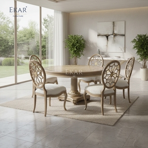 Mesa de Comedor Redonda Colonial EKAR con Incrustaciones de Madera de Burl y Pedestal Acanalado - Product Image 4