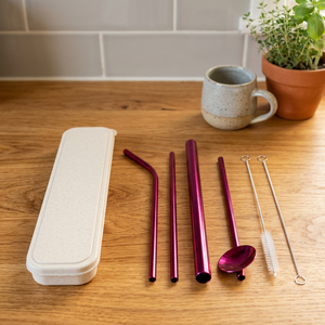 Reusable Metal <b>Drinking</b> <b>Straws</b> Set with Spoon and Cleaner 5 Pack Pink Modern Cocktail Bar Accessories - Product Image 3