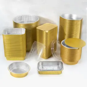 Bandeja de comida Rectangular gruesa de tamaño completo para alta temperatura de 1000ml, contenedores de papel de aluminio con tapa, lata dorada desechable