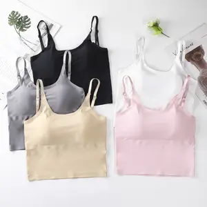 Summer soft nylon ice silk one piece U beauty back tank top bras seamless sleep sling bra camisole with bra removable padded