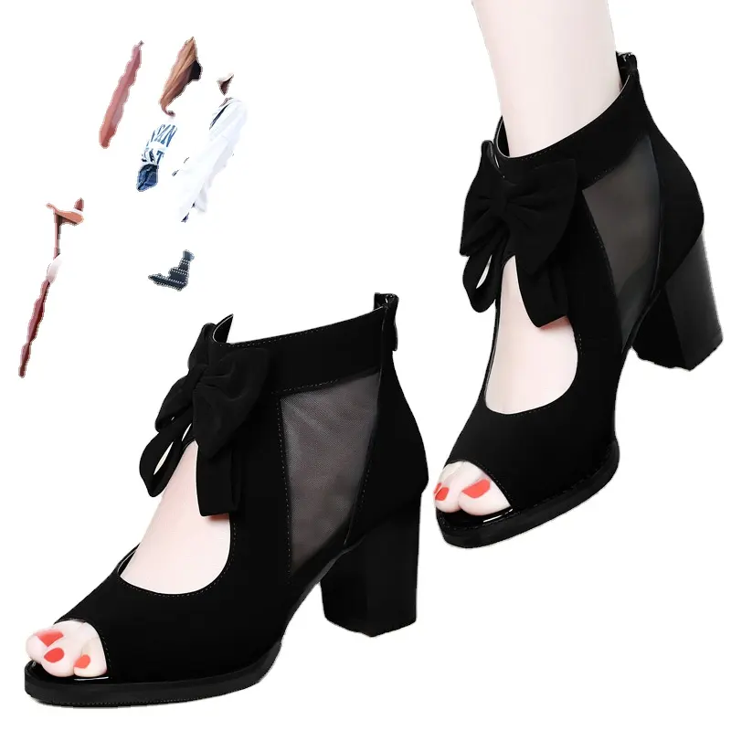 Peep Toe High Heels Women's Shoes New Spring Versatile Bow Mid Heel Spring Mesh Suede Chunky Heel Pumps