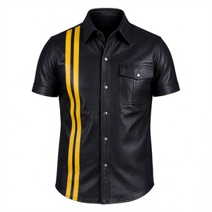 เสื้อเชิ้ตหนังลายทางสำหรับผู้ชาย แขนสั้น สีดำ-เหลือง แถบลายตัดกัน กระเป๋าหน้าอก ติดกระดุมด้านหน้า เสื้อท่อนบนดีไซน์โดดเด่น - Product Image 1