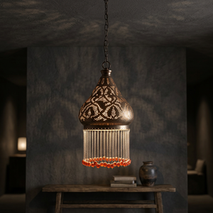 Zahereen BR207 Antique Bedouin-style Round Beaded Brass Hanging Lamp Shade From Egypt - Product Image 3