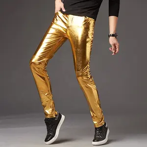 traje de navidad pantalón Suppliers-Pantalones metálicos dorados para hombre, mallas brillantes para discoteca, trajes de fiesta, pantalones de cuero