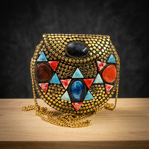 Elegant Brass Purse With Triangular <b>Stone</b> Artwork And Colorful Gem Embellishments Handmade Party Bag For Women Resin Crafts - Product Image 1