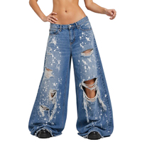XUFEI Jeans de Mezclilla de Algodón Anchos y Holgados para Mujer, Estilo Streetwear Vintage Y2K, con Diseño Desgastado, Rasgado, Estampado y Apilado, de Alta Calidad y Personalizados
