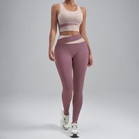 Ensemble de yoga 2 pièces pour femme, colorblock, soutien-gorge de sport dos nageur à col en U, leggings taille haute effet push-up colorblock, tenue de sport et fitness