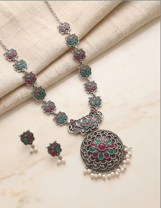 DIVYORO Elaborate Oxidized Long <b>Necklace</b> Set with Pink and Green Stones Designer <b>Statement</b> <b>Necklace</b> Set with Earrings - Product Image 1