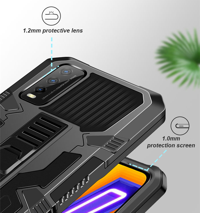 EASSGU Custodia Antiurto Per Vivo V21 5G Con Cavalletto - Cover Rigida In PC E Silicone, Protezione Con Cuscini D'Aria, Nero