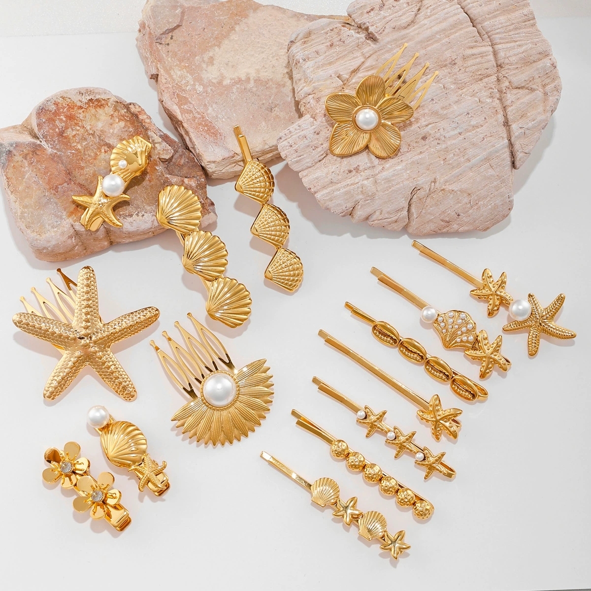 Gold Starfish & Shell Hair Clip Set 2-piece mermaid starfish hairband set, gold pearl bridal and  main image 4