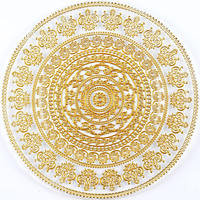 Assiettes de présentation en verre de 13 pouces, motif mandala doré en relief, assiette décorative ronde de luxe pour la décoration de table de mariage ou de banquet