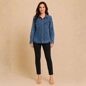 Chemise Femme Premium Bleue Délavée à l'Acide Imprimé Floral Col Rabattu Manches Longues Style Western en Jean Boutonnée Vente en Gros - Product Image 1