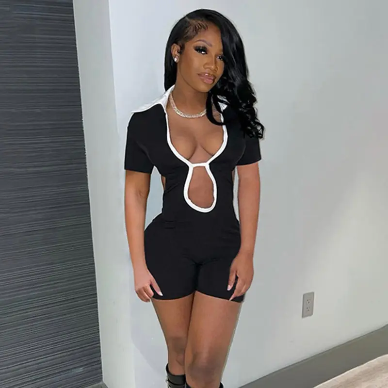 Casual sexy stretch deep v neck cut out short sleeve backless one piece romper short jumpsuit bodysuit