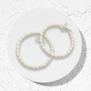 Ivory White <b>Beaded</b> <b>Large</b> Hoop Earrings Geometric Round Shape Vacation Beach Accessories - Product Image 1
