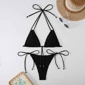 Conjunto de Bikini Sexy Negro Personalizado, Talla Grande, Traje de Baño de Nailon, Mini Tanga y Bikini de 2 Piezas para Mujer - Product Image 1