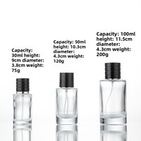 Flacon de parfum cylindrique en verre haut de gamme en stock, base épaisse, capacité 100 ml, bouchon à visser manuel, tête de pompe pulvérisatrice, Chine