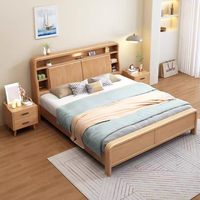 Lit en bois massif moderne et minimaliste avec tête de lit de rangement et tiroirs latéraux, cadre de lit en bois de style nordique avec vérin à gaz pour chambre à coucher