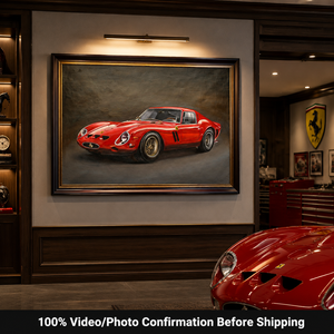 Peinture à l'huile sur mesure artisanale exemplaire, reproduisant une <span class=keywords><strong>photo</strong></span> réaliste d'une voiture rouge, pour la décoration de garage de luxe - Product Image 2