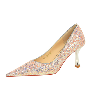 1818-3 BIGTREE Zapatos de Tacón Alto de Moda Coreana para Banquete, Tacón Metálico, Tacón Alto, Punta Puntiaguda, Tela Brillante con Lentejuelas, Modelo Individual - Product Image 5