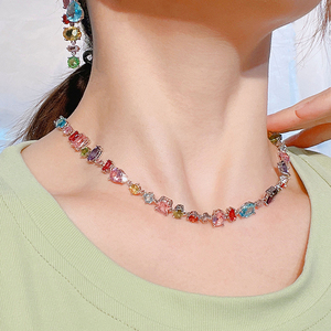 Set di Gioielli da Donna alla Moda con Bracciale di Perline in Cristallo Quadrato Color Caramella, Collana Arcobaleno e Orecchini Pendenti in Acciaio Inossidabile - Product Image 1