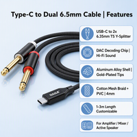 Câble audio de raccordement Type-C vers double jack 6,5 mm 1-vers-2, pour téléphone, PC vers amplificateur, mixeur, haut-parleur actif, longueur personnalisable