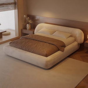 Letto Matrimoniale Moderno Minimalista in Lino Lussuoso con Rivestimento in Velluto Crema per Camera da Letto Principale, Letto Nuziale con Rivestimento Morbido Avvolgente - Product Image 1