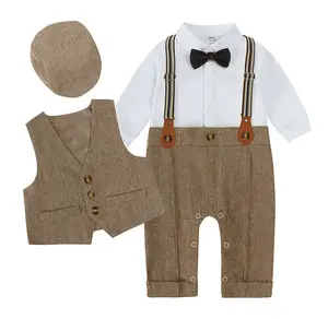 Recém-nascido Criança Menino Cavalheiros Batismo Formal Festa de Aniversário Macacão Vest Hat 3 Peça Outfit Ternos Bebê Menino Roupas Set