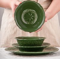 Vaisselle en céramique verte olive de luxe vintage française, bol rond ovale créatif en porcelaine, assiette, plat, tasse à café, théière pour la maison
